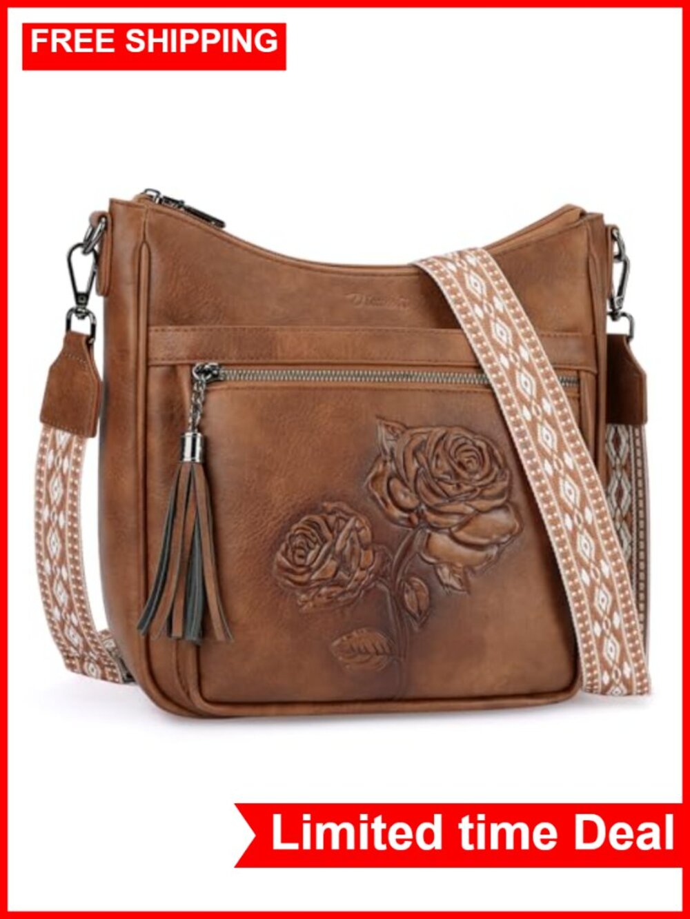 Vegan Leather Hobo Crossbody Bag Embossed Floral Women Purses